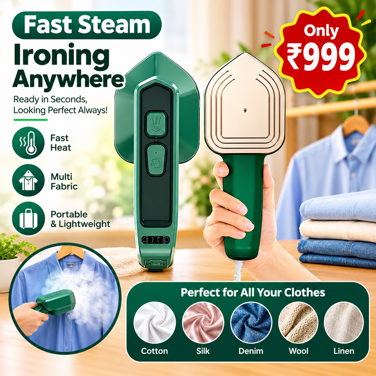 2-in-1 Handheld Steam Iron for Clothes